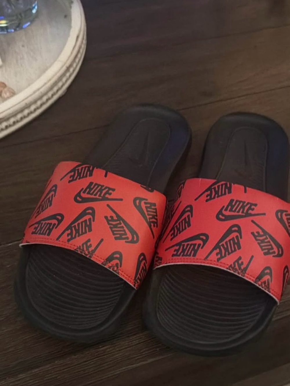Nike Men’s Red and Black Logo Slide Sandals